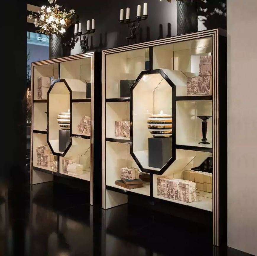 Art Deco Aynalı Kuş Gözü Akçaağaç Kaplamalı Kitaplık
