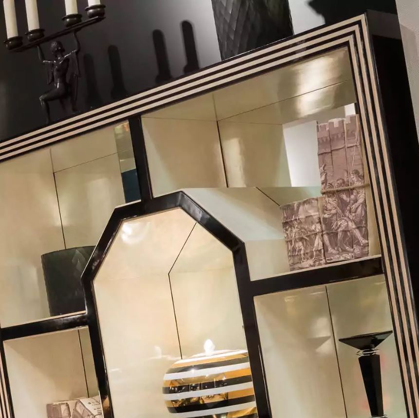 Art Deco Aynalı Kuş Gözü Akçaağaç Kaplamalı Kitaplık