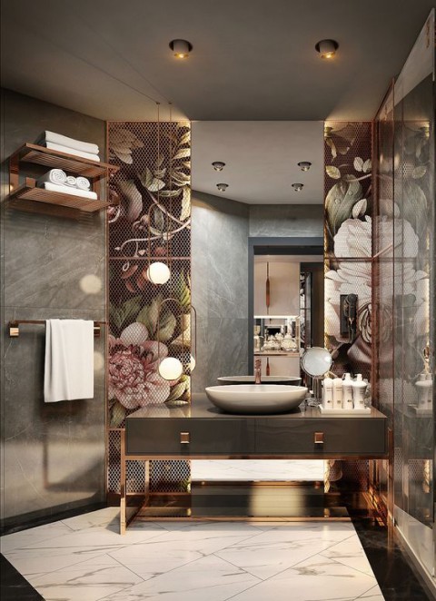 FLOWERENCE PASLANMAZ BRONZ PROFİLLİ ANTRASİT GRİ MODERN BANYO DOLABI