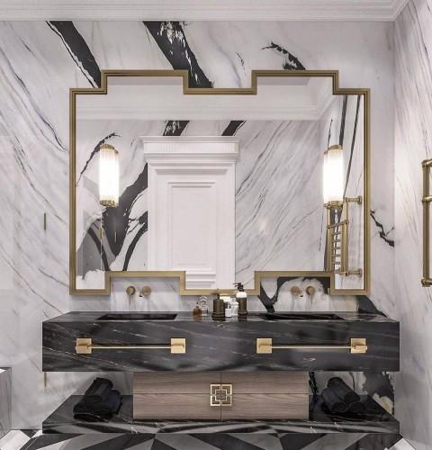 REY CEVİZ KAPLAMA GOLD KULPLU LÜX MODERN BANYO DOLABI