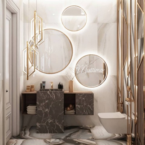 VİTA CEVİZ KAPLAMA & MERMER BASKILI LÜX MODERN BANYO DOLABI